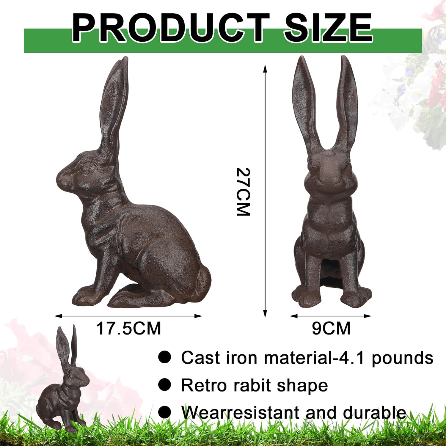 Cast Iron Rabbit Garden Statue Large Vintage Sitting Bunny Garden Figurines Patio Yard Lawn Doorstop Ornament Home Office Decor Animal Lover Gift - Image 2