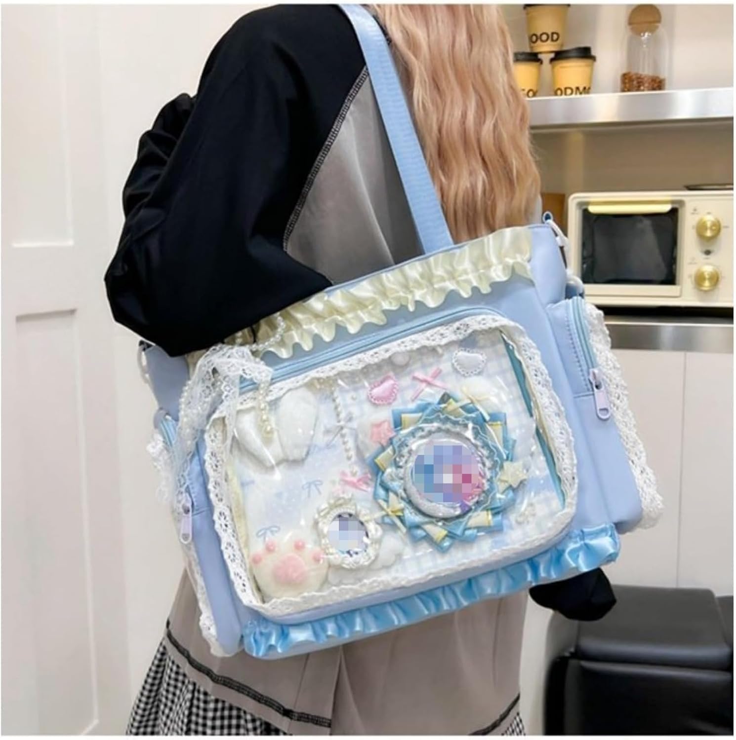 Lace itabag ruffle Shoulder Purse， Pin display bag with Insert Anime badge Display