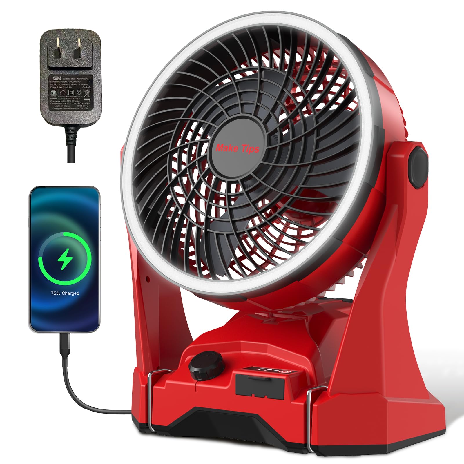 Photo 1 of Fan for Milwaukee M18 Battery, Portable Jobsite Camping Fan with Infinite Speed Control, 3-Level Ring Light, USB-C and USB Charging, Hook, Handle, 180° Tilt for Outdoor Use, Battery Not Included