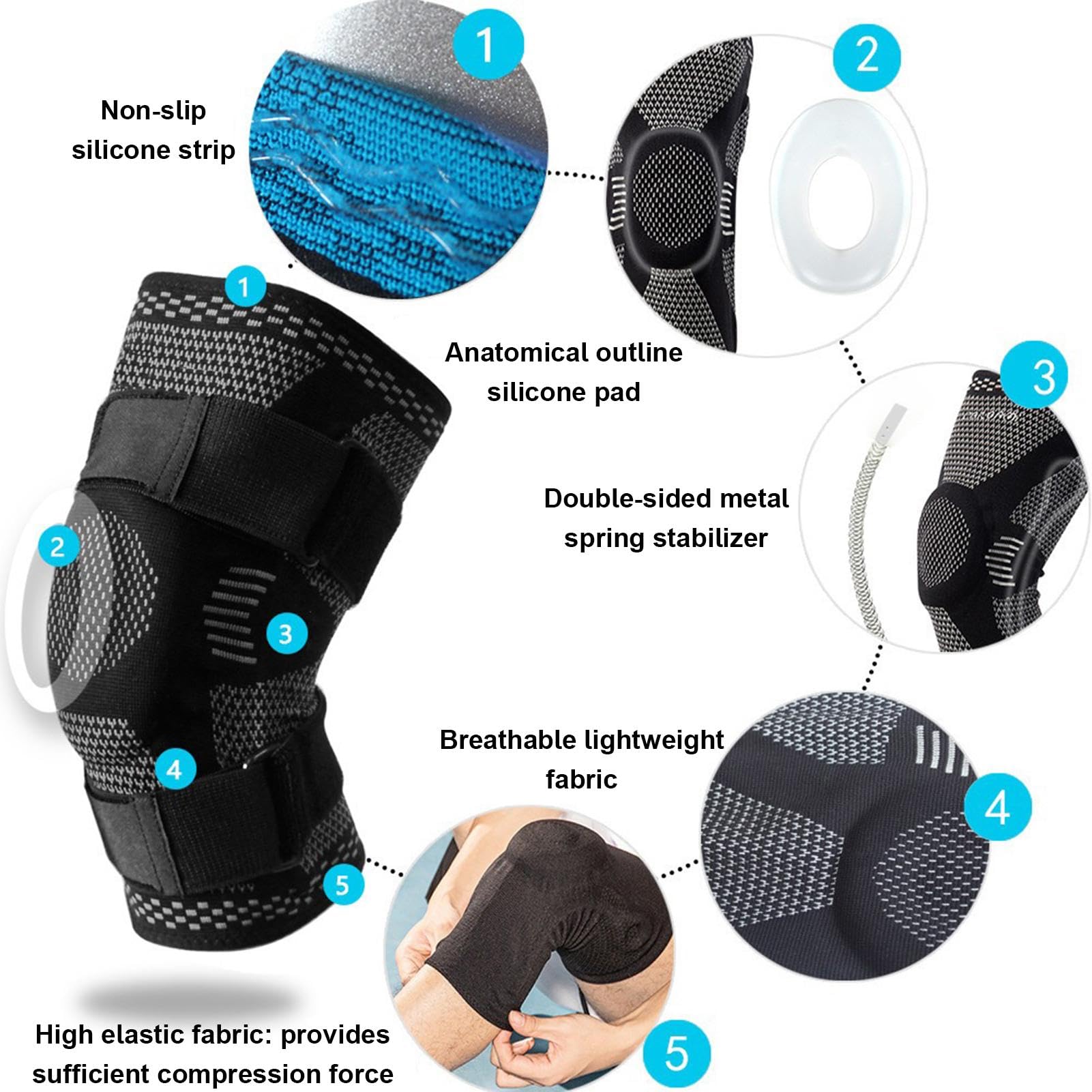 Generico Ginocchiere sportive, manica a compressione per ginocchio,Bretelle protettive imbottite per ginocchia e gambe traspiranti e imbottite - 1 paio di ginocchiere sportive elastiche antiscivolo
