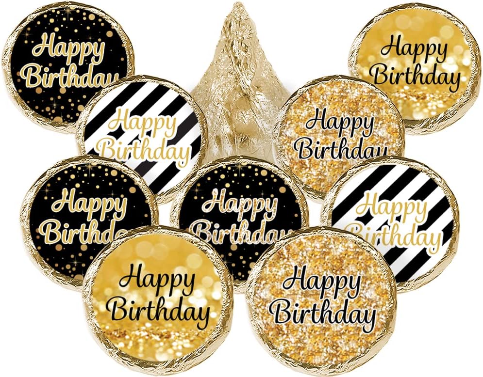Happy Birthday Party Favor Labels - Black and Gold - 0.75 in. Round - 180 Stickers