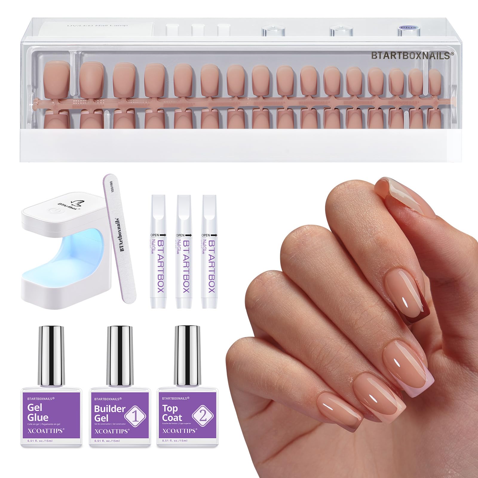 BTArtboxnails XCOATTIPS French Tip Press on Nails - Skin Tones Short Fall Press On Nails Square, Soft Gel Nail Tips with Nail Gel, French Protecting Duo, Nail Lamp, All in One Fake Nail Extension Kit