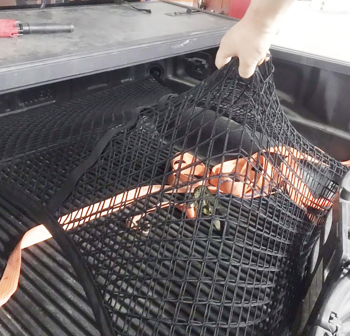 Gepäcknetz, LKW-Bett-Organizer, Netz Kofferraum, Aufbewahrungsnetz, Geeignet für Tägliche Leichte Lasten von LKWs, 1,2 m x 1,2 m Mit 4 Großen Haken, Erweiterbar auf 2,1 m x 2,1 m (Doppelt)