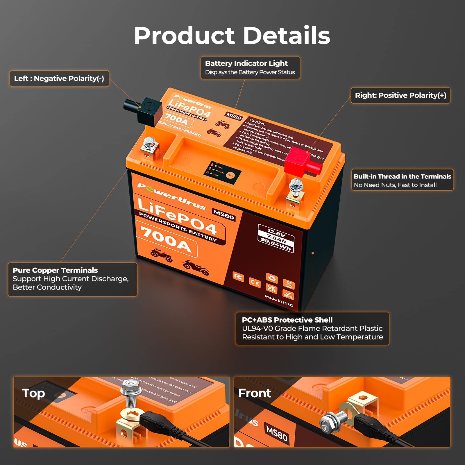 Batteria al Litio Per Moto, PowerUrus Batteria al Litio LiFePO4 da 12 V con BMS, Batterie di Avviamento per Moto LiFePO4 da 12,8 V, 7,8 Ah, 700 CCA, per ATV e UTV