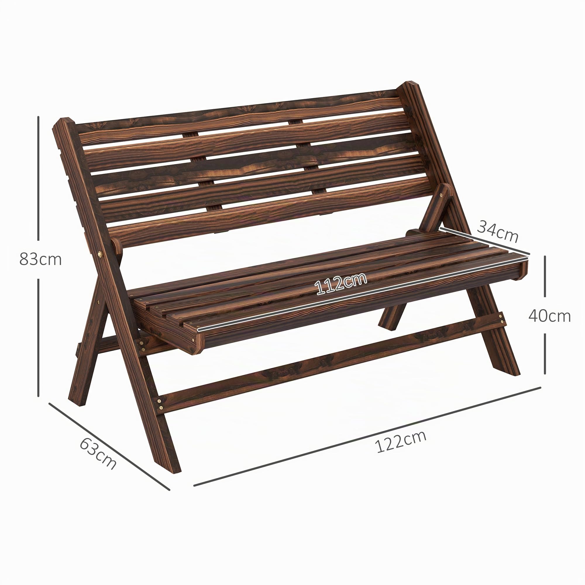 Outsunny Panchina da Giardino da 2 Posti Pieghevole, Panchina da Esterno a Doghe in Legno di Pino, Panca per Terrazza Patio e Cortile, 122x63x83 cm, Carbonizzato