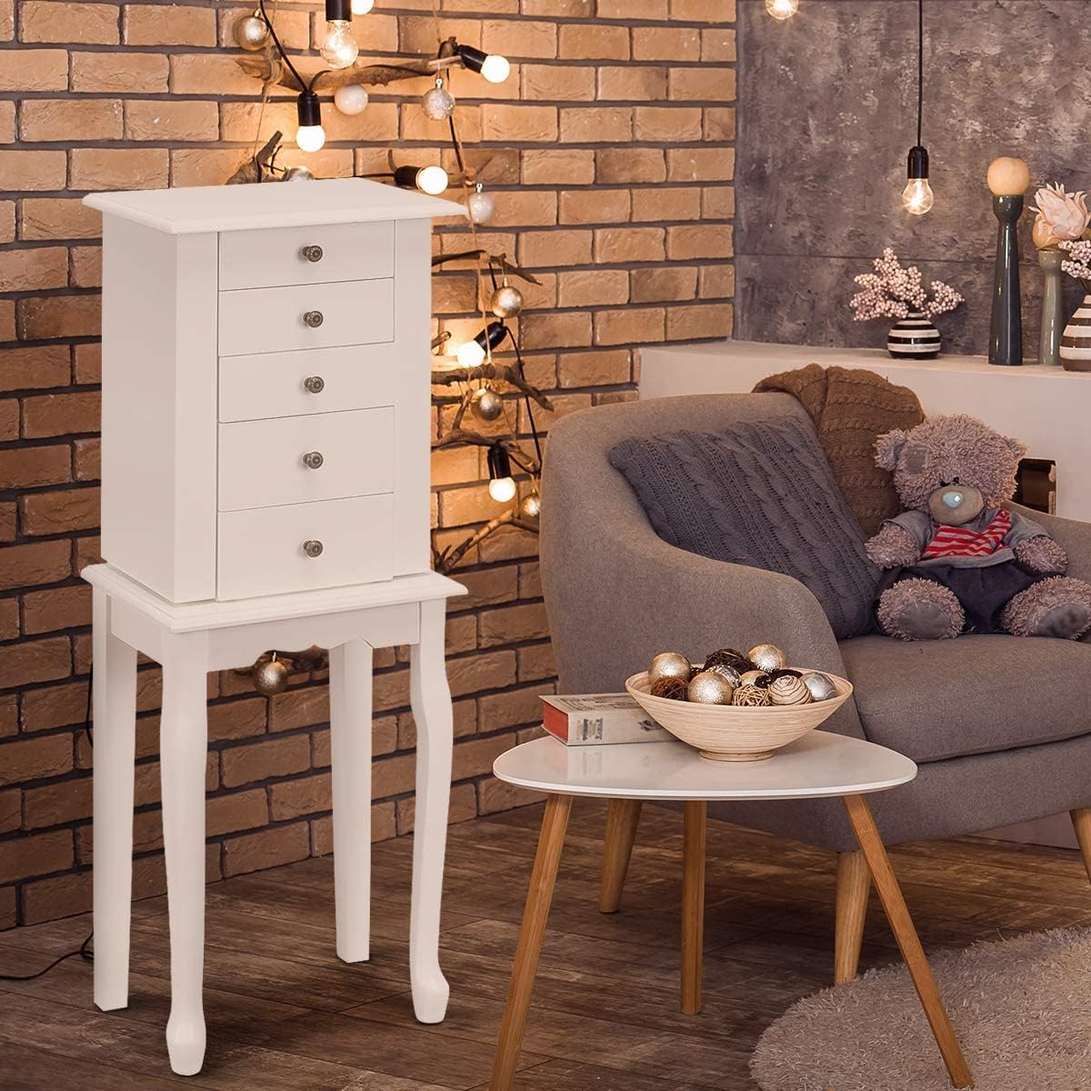 LDAILY LUARANE Jewelry Cabinet Armoire, Jewelry Storage Chest Organizer with 4 Drawers 8 Necklace Hooks Flip Top Mirror, Free Standing Jewelry Box Stand with 2 Side Swing Doors (White)
