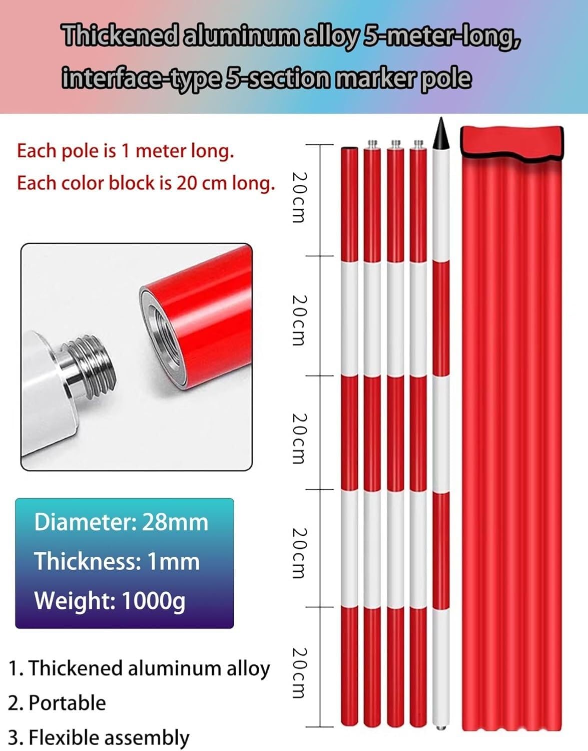 Aluminiowy słupek do oznaczania pomiarów, pręt o grubości 28 mm głębokości i mapowania terenu budowlanego(300cm/9.9 ft)
