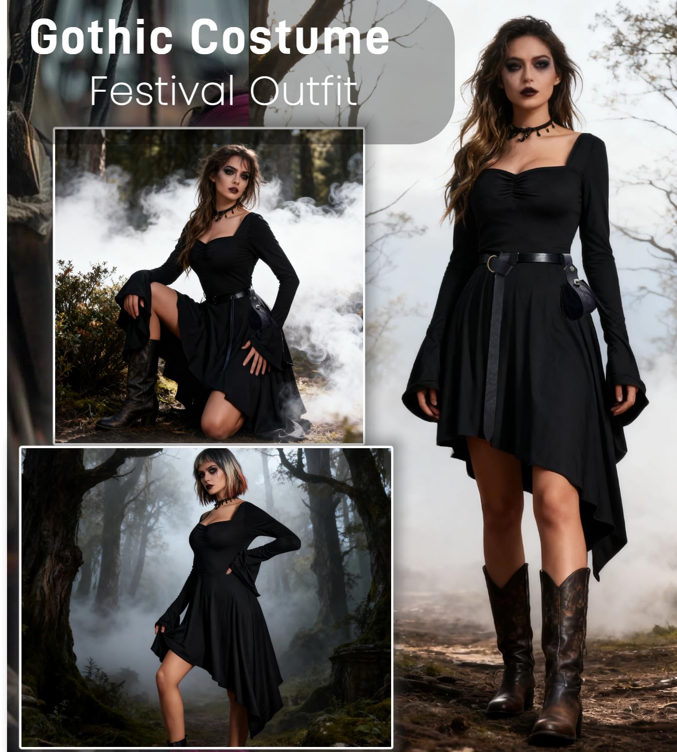 kasahara Medieval Clothing Women Set Gothic Dress Retro Renaissance Clothing with Corset, Belt Bag, Belt - Image 2
