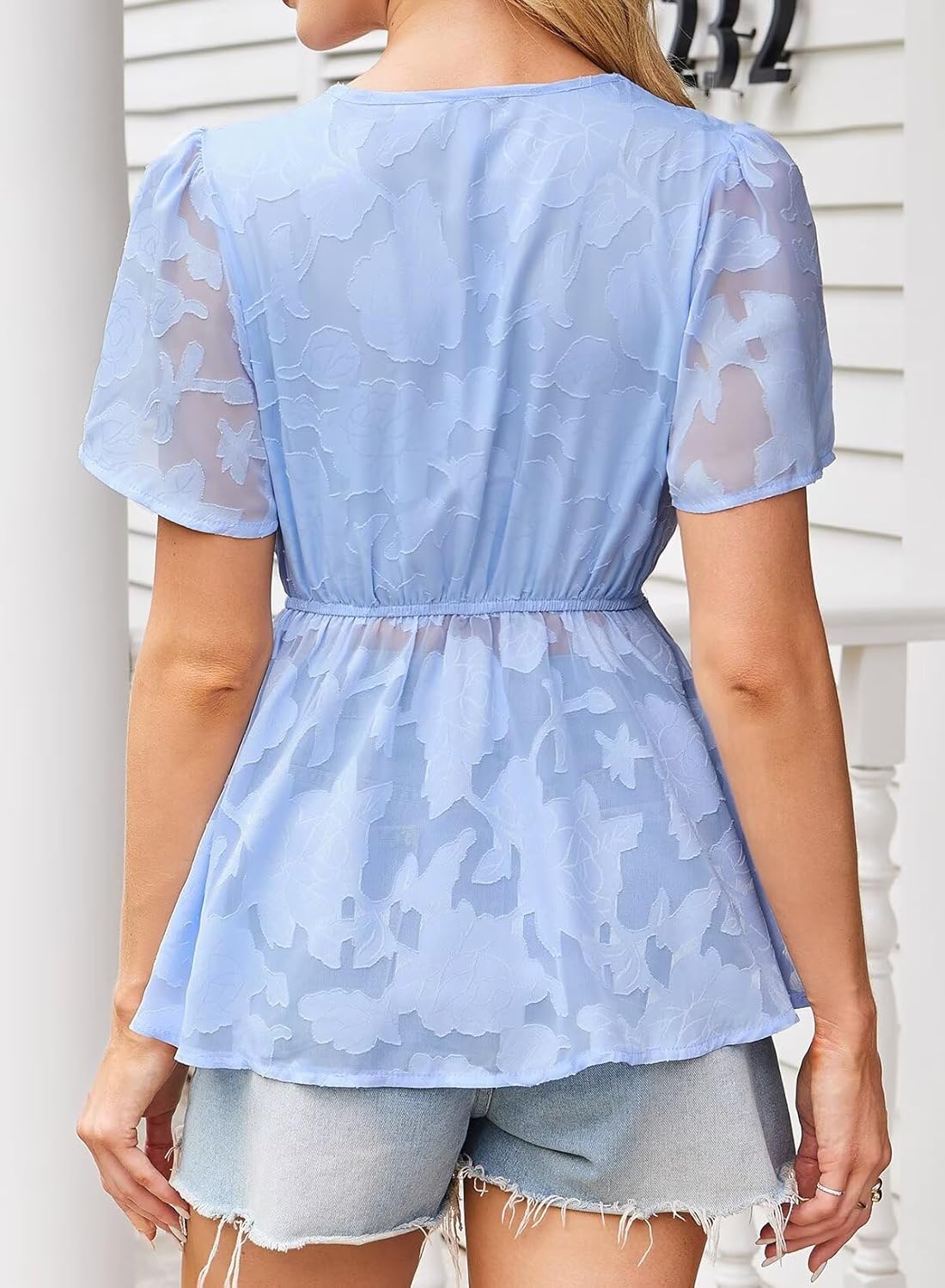 Womens Tops Short Sleeve Lace V Neck Blouses Babydoll Flowy Casual Empire Shirts Boho Peplum Chiffon Tunics - Image 3