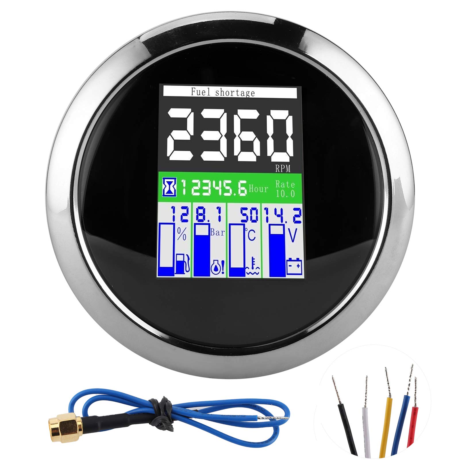 Digital Tacho Gauge Tachometer Multifunction Gauge 85mm RPM Temp Oil Pressure Fuel Level Meter for Car Outboard Motorcycle(Black disk)