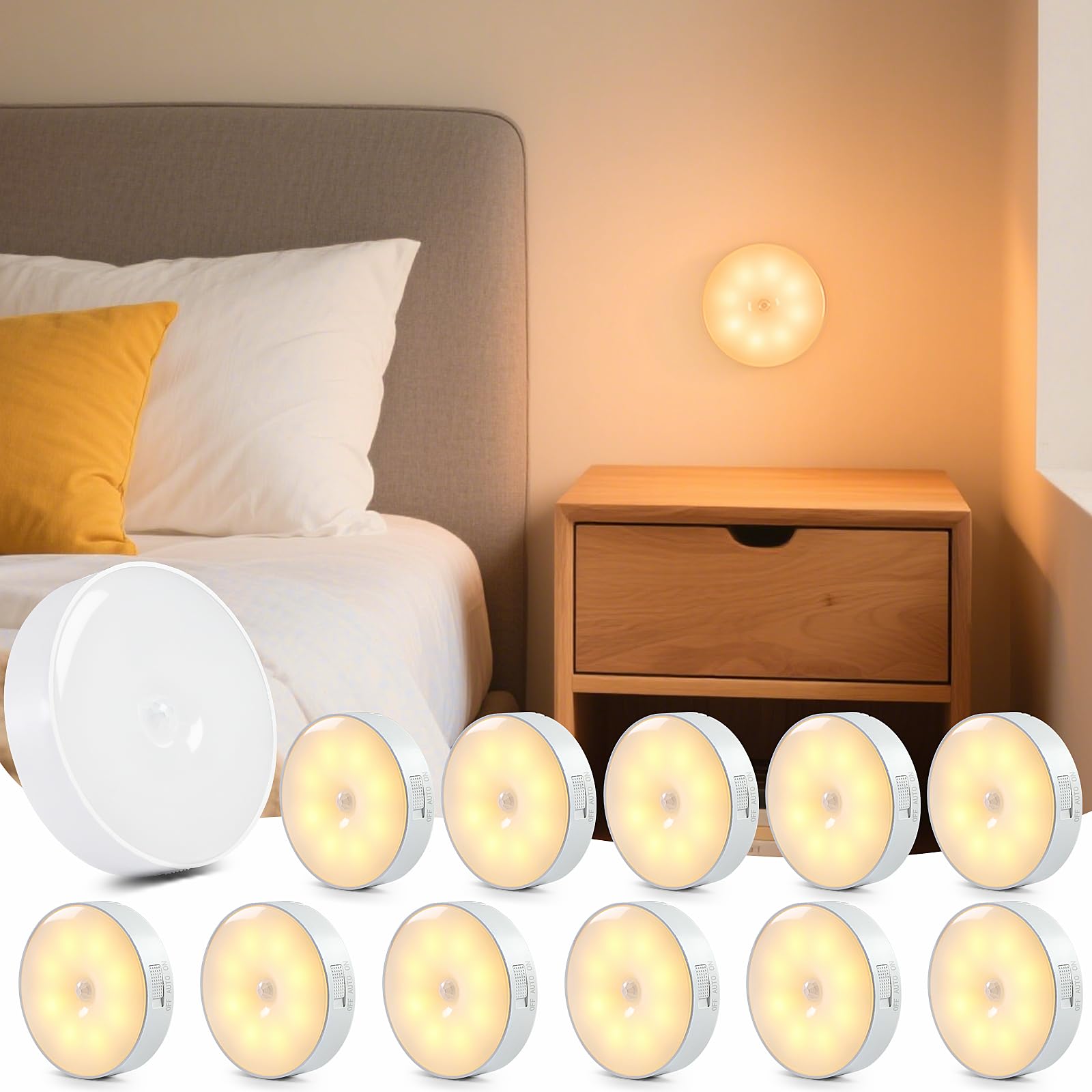 Aurevita Motion Sensor Lights Indoor, 12 Pack Cupboard Light, Stair Lights Night Light, 3 Modes USB Charging Wall, Magnetic for Kitchen Stair Closet Under Cabinet (Warm White, 12)