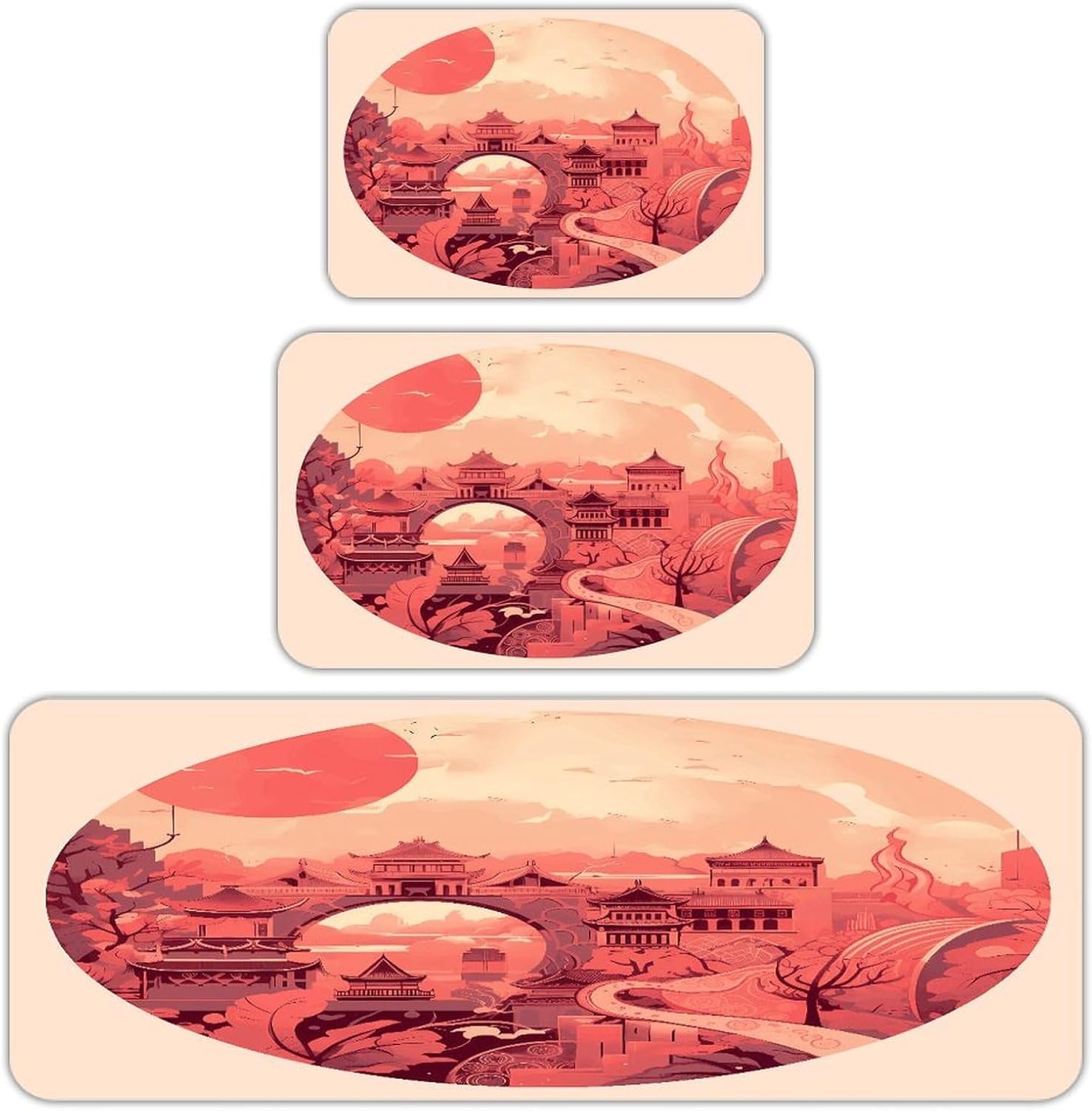 Chinese Architectural Patterns Kitchen Mats Soft Absorbent Rugs for Floor Non Slip Washable Kitchen Mats Fashion Rectangular Rugs for Three-Piece Set for Laundry Office Home Sink