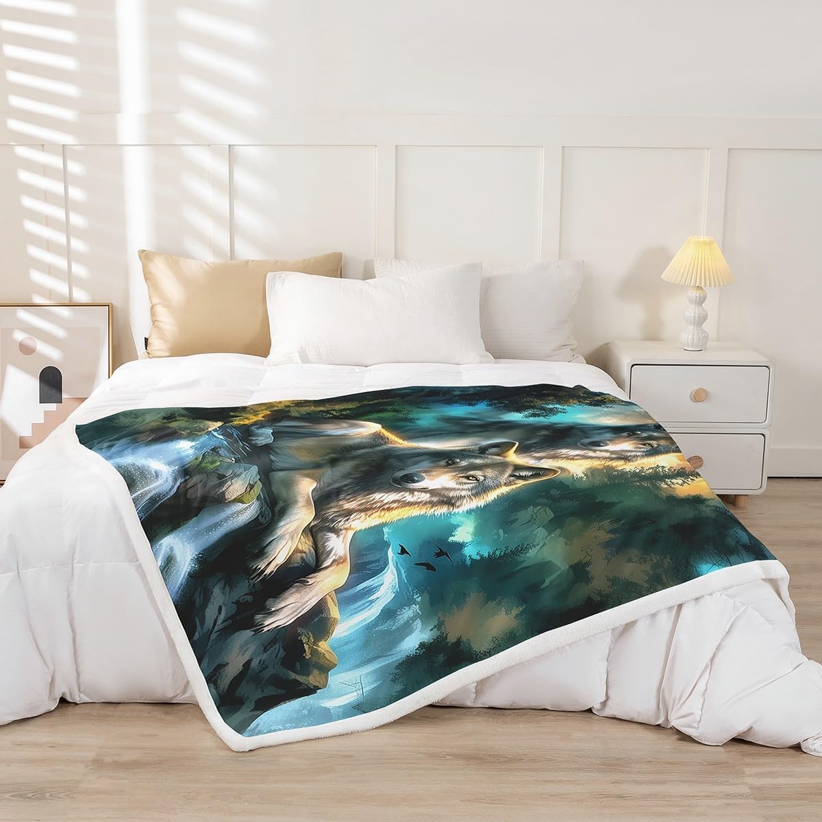 Feelyou Wolf Sherpa Blanket Queen 90"x90" Mountain Moon Wolves Fleece Throw Blanket for Bed Sofa Couch Wild Animals Plush Blanket Fantasy Wildlife Print Fuzzy Blanket