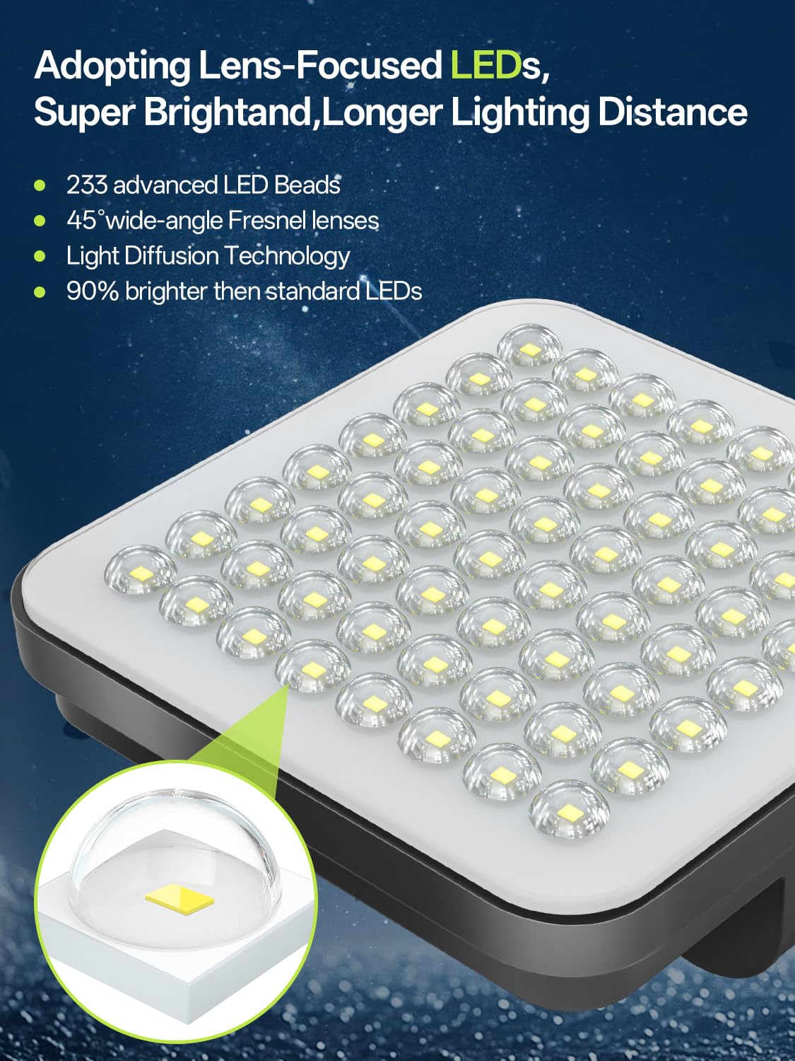 Luces de seguridad con sensor de movimiento para exteriores, 233 LED, rotación de 360°, 3 cabezales, luz solar de pared con 3 modos de control remoto, IP65 impermeable, luces solares de pared