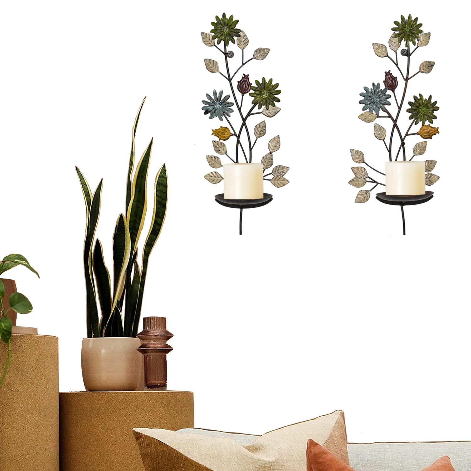 JUCONSIN Wall Sconces Candle Holder Set of 2, Antique Leaf Branch Wall Mount Hanging Metal Wall Candle Holder Candle Sconce for Living Room Dining Room