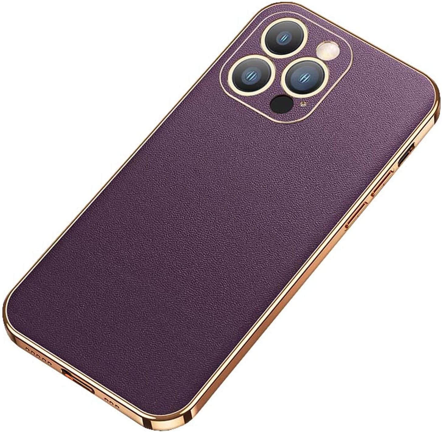 Housse iPhone 14 violette en cuir et protection caméra arrière antichoc