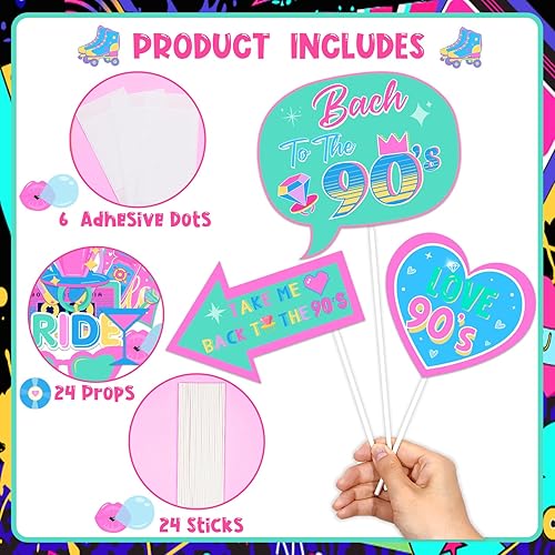 Miniatura 5 de JOYMEMO 24 piezas de accesorios para cabina de fotos de fiesta de regreso a los 90, decoraciones de despedida de soltera de los 90, tema retro hip