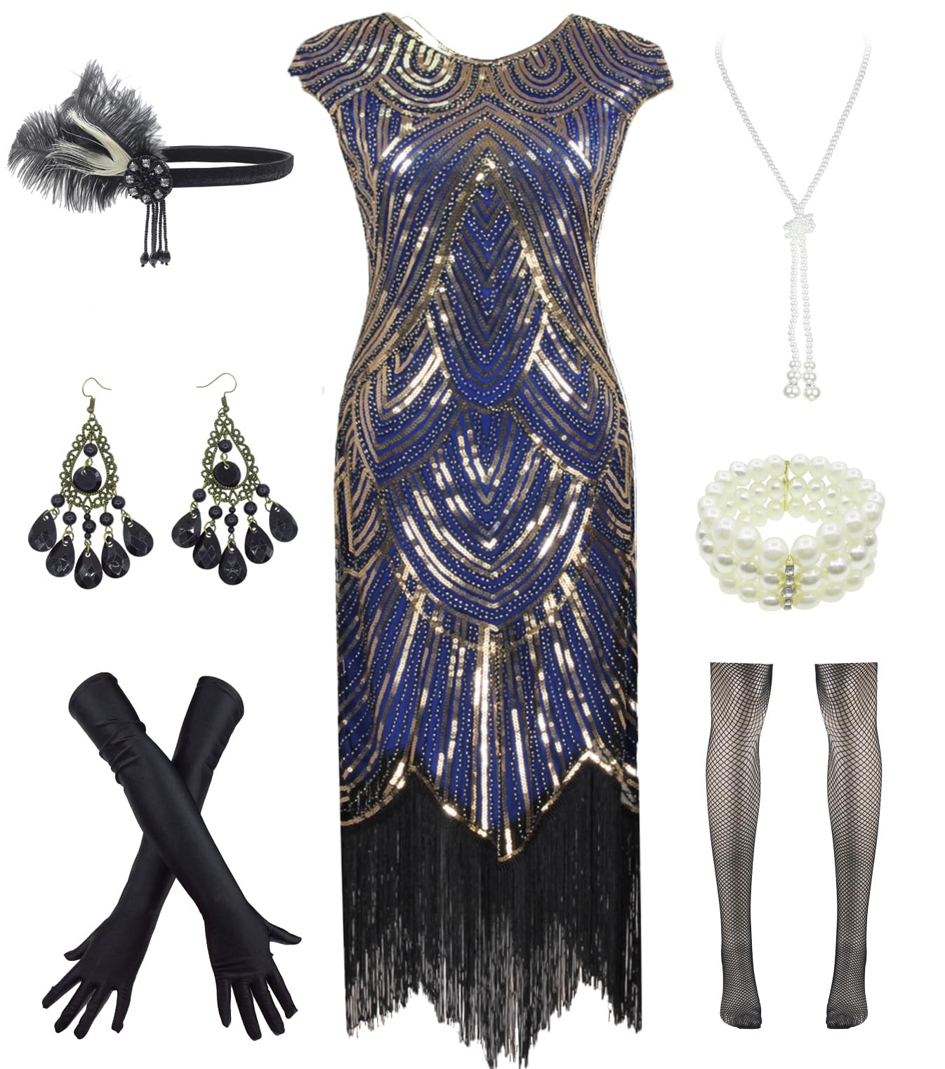 Letter Love Womens Vintage Lace Fringed Gatsby 1920s Cocktail Dress with 20s Accessories Set