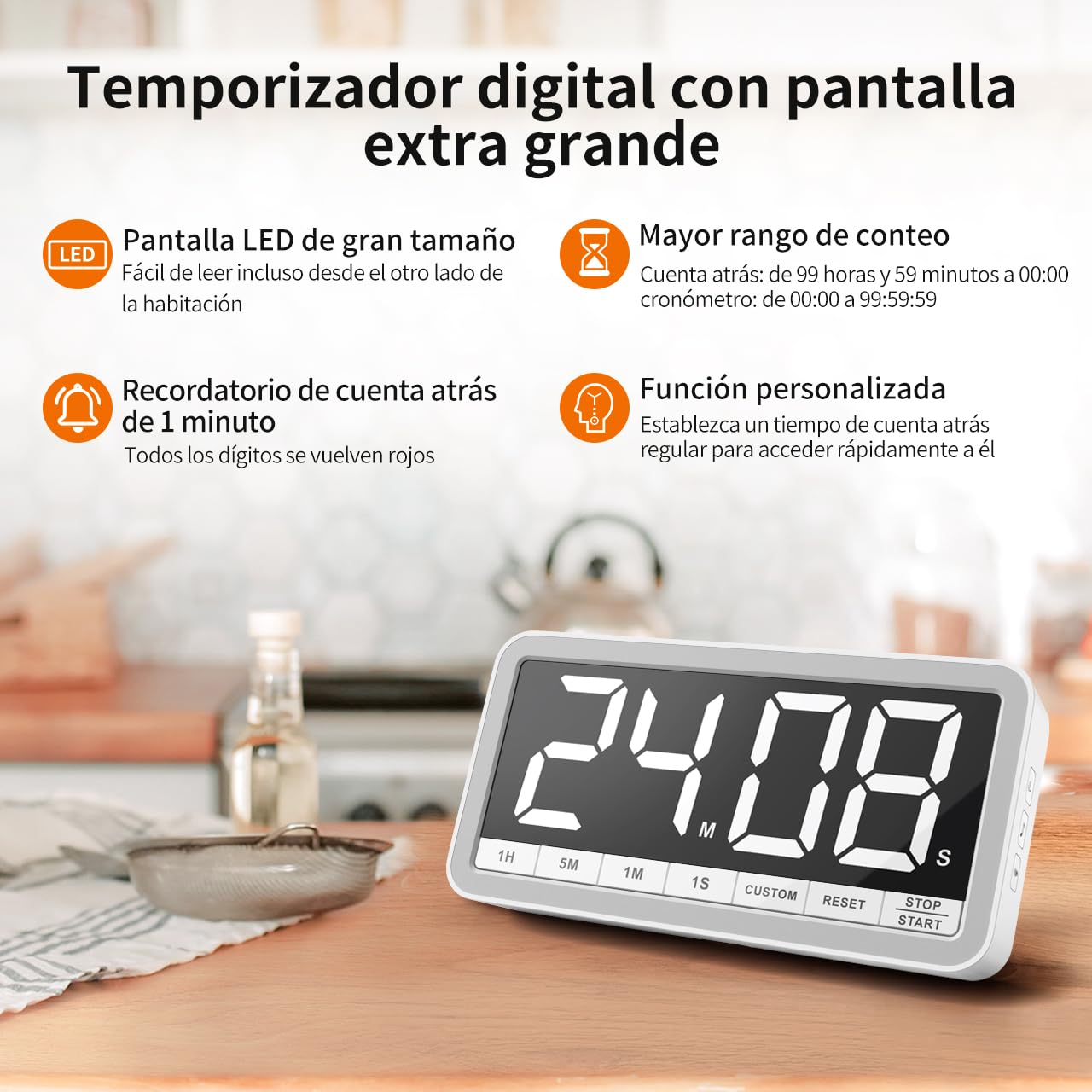 VOCOO Temporizador de Cocina Digital: Temporizador de Cuenta Regresiva magnética Extra Grande con 3 Brillo, 4 alarmas y 3 Niveles de Volumen, Temporizador de batería LED para cocinar (Blanco)