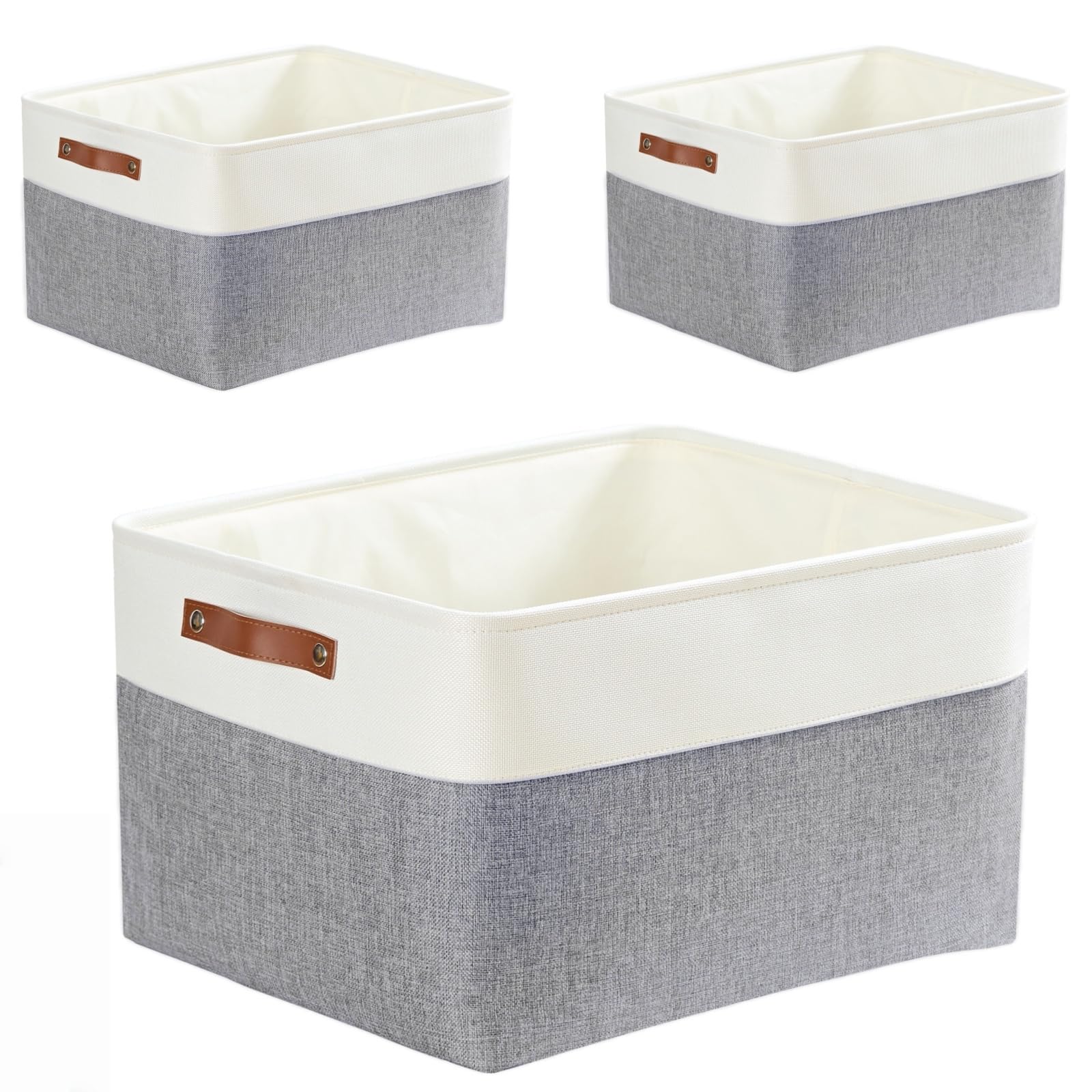Mangata Large Storage Baskets Set of 3,Thickened Fabric Storage Box for Bedroom Wardrobe Shelf(L, Grey/white)