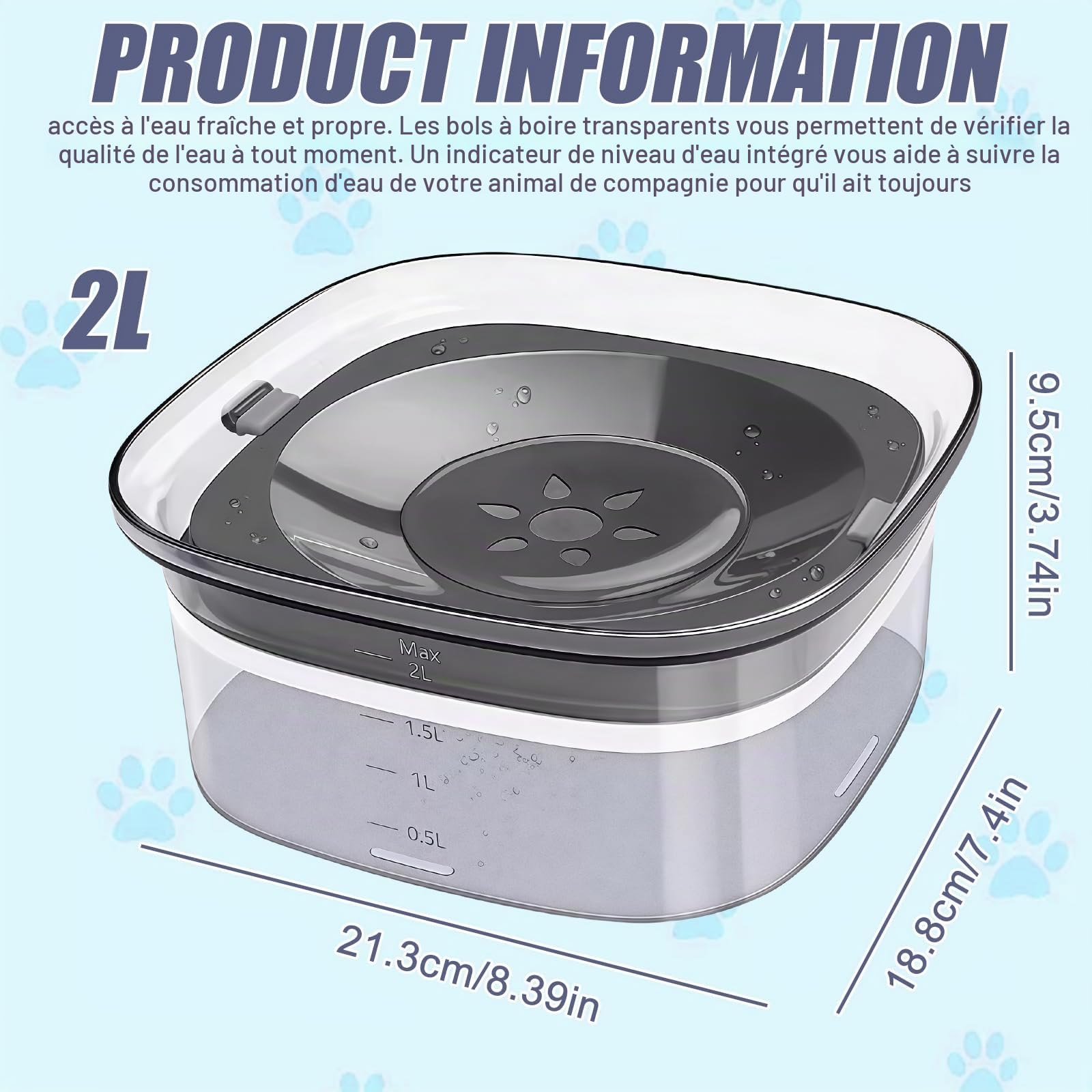 Gamelle d'eau sans renversement pour chiens : LEKEFETO 2L sans bavure, gamelle d'eau pour chien, chats et animaux domestiques, anti-fuite et antidérapante, transparente