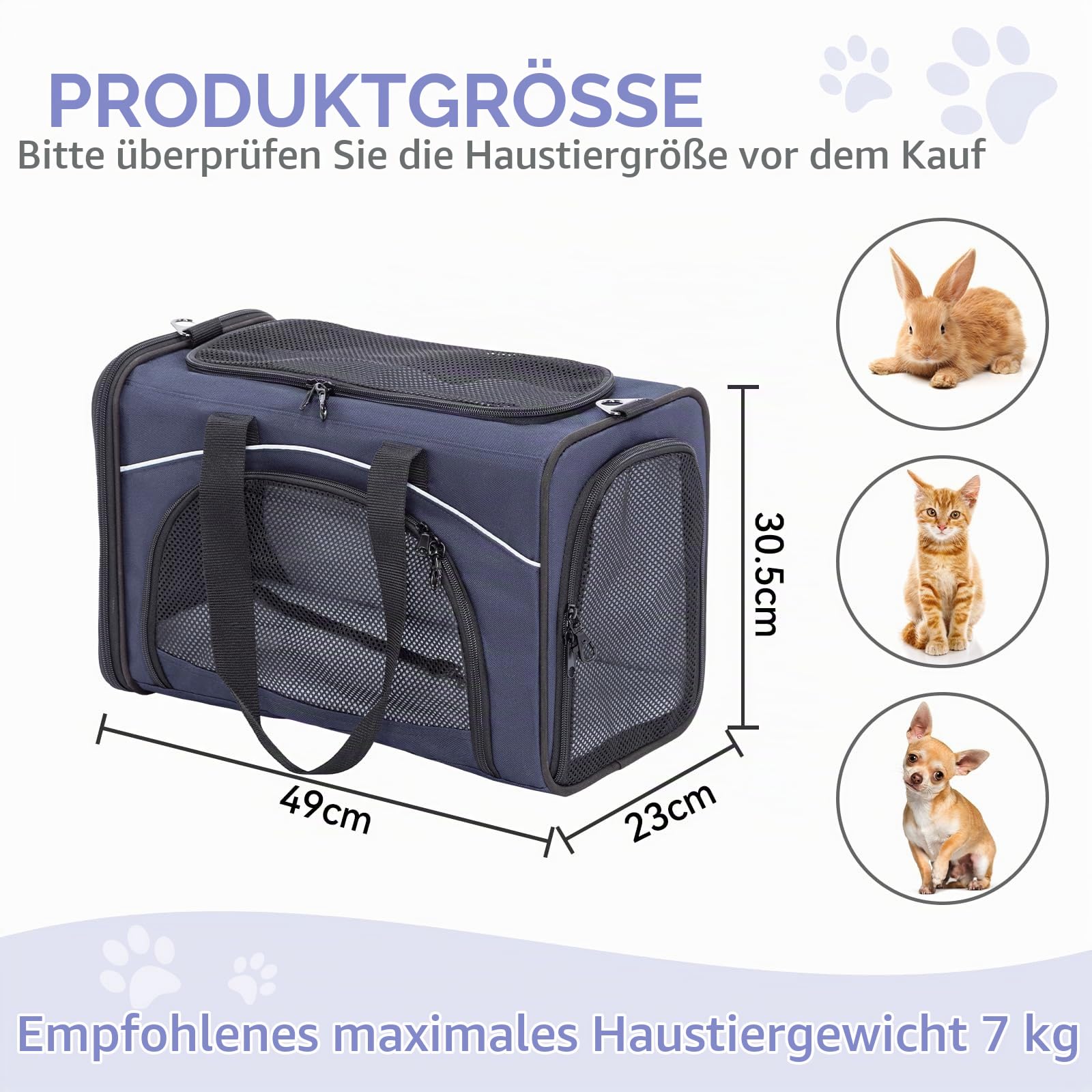 Petsfit Transporttasche Katze & Hundetasche Flugzeug | Flugtasche für Hunde & Transportbox Katze | Flugtaugliche Haustiertasche | Sicherer Transport in Auto, Flugzeug und Bahn, M/Blau