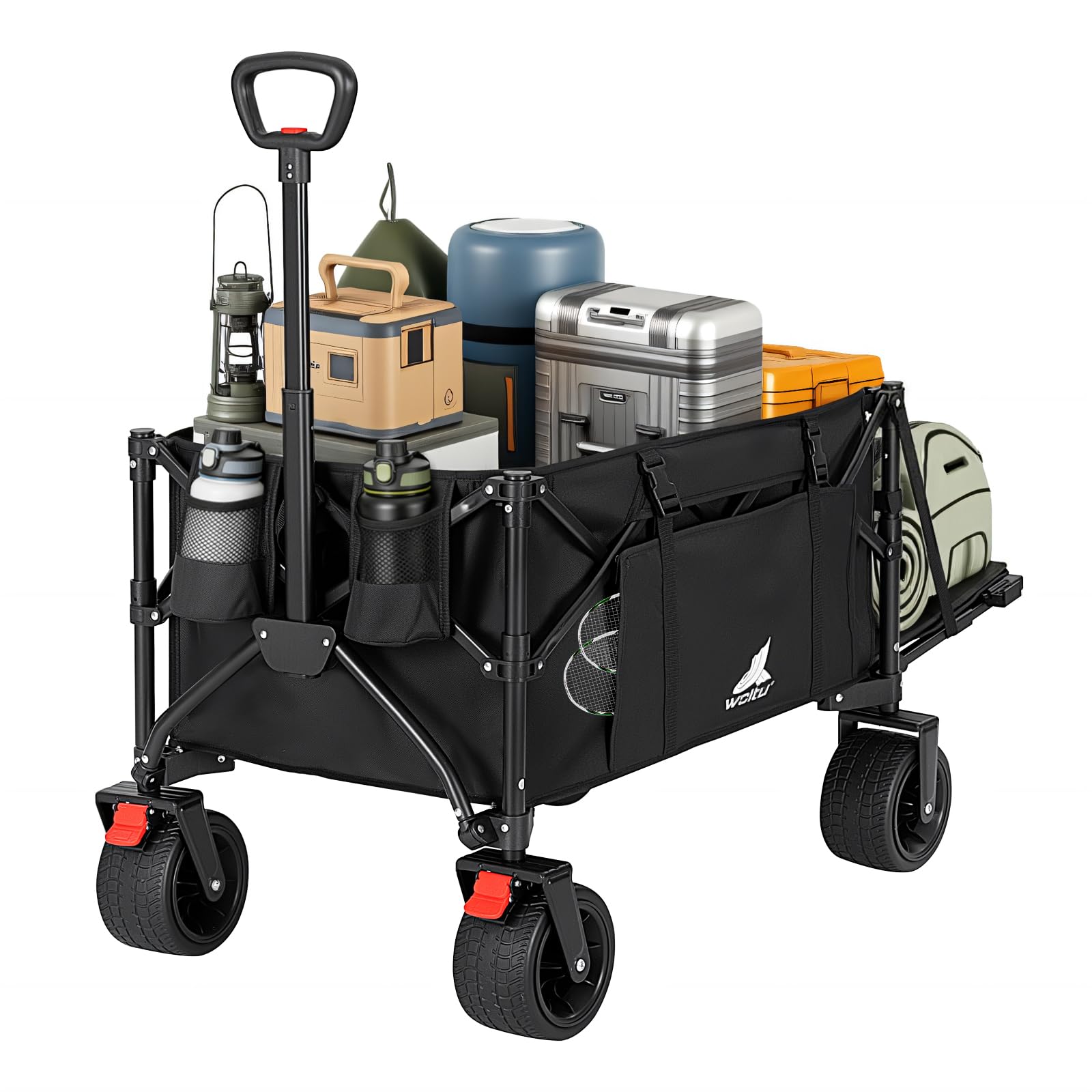 WOLTU Bollerwagen faltbar, Campingwagen 205 L, Tragkraft 180 kg, mit 4 großen Rädern & Seitentasche & 2 Innentaschen & 2 Getränkehaltern, für Camping Strand Garten, Schwarz