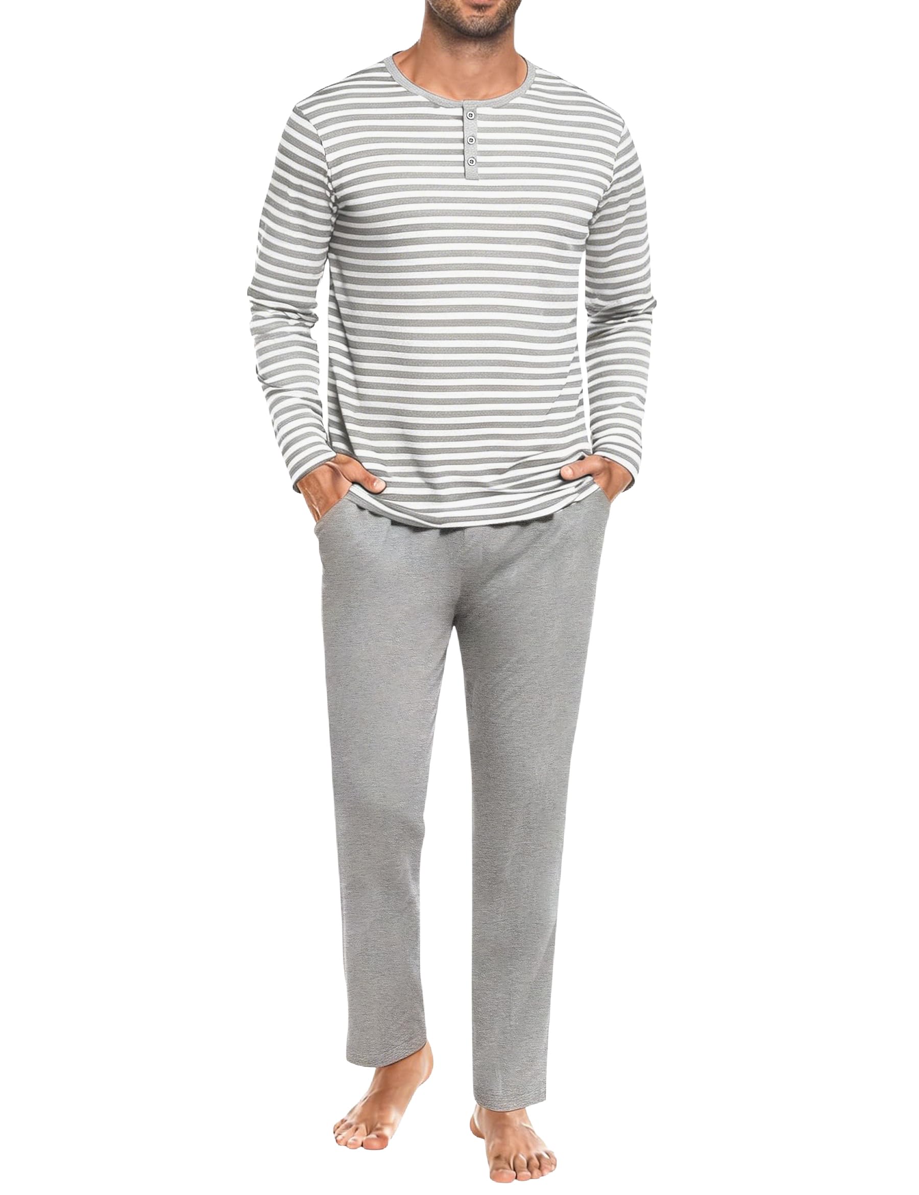 marvmys Men's Pyjamas Winter Cotton Long Set Long Sleeve Collar Buttons Stripes Tops Pyjamas and Pants with Pocket-picture-13