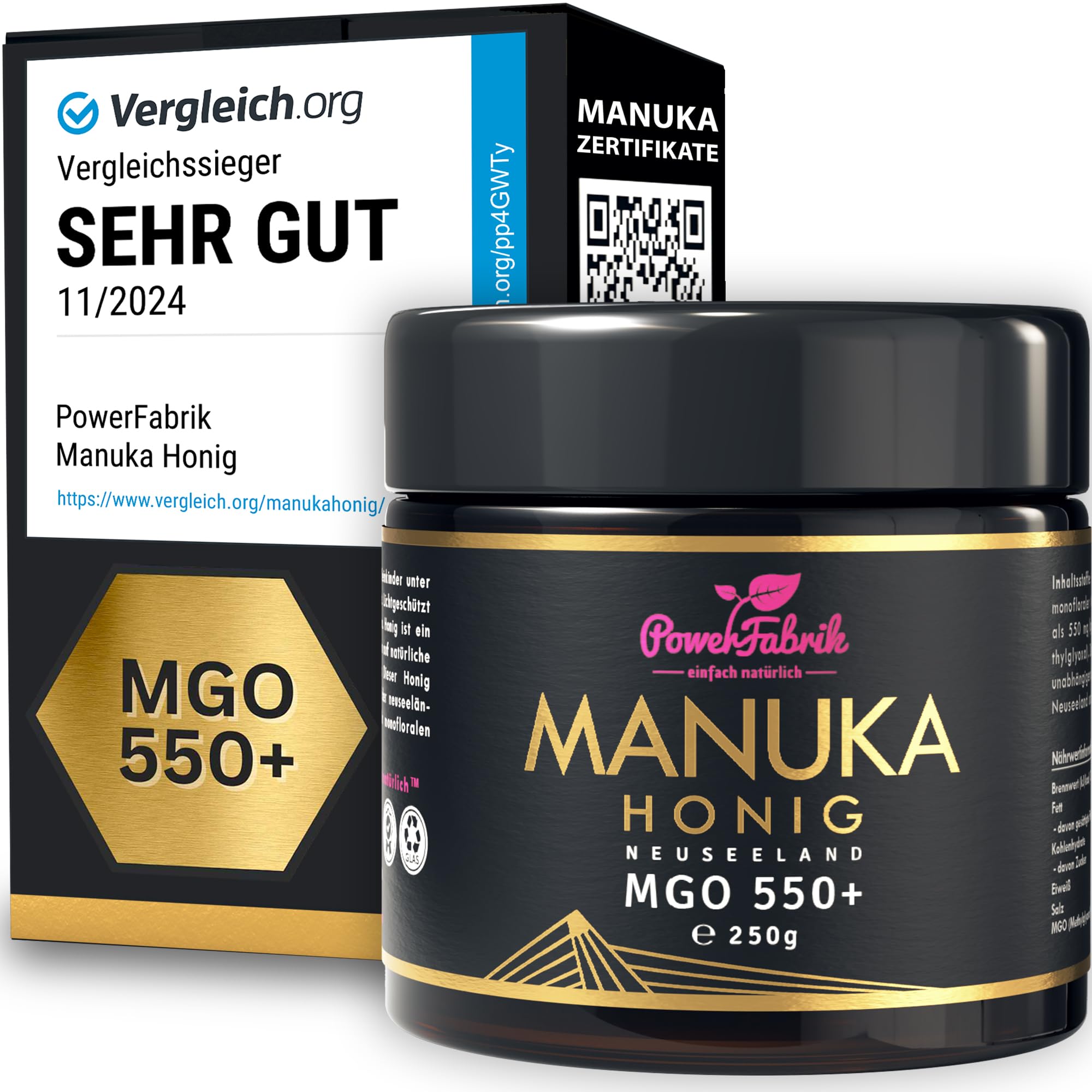 Manuka Honig | MGO 550+ | 250g | Das ORIGINAL aus NEUSEELAND | IM GLAS | PUR, ROH & ZERTIFIZIERT | Premium Qualität 100% natürlich | PowerFabrik