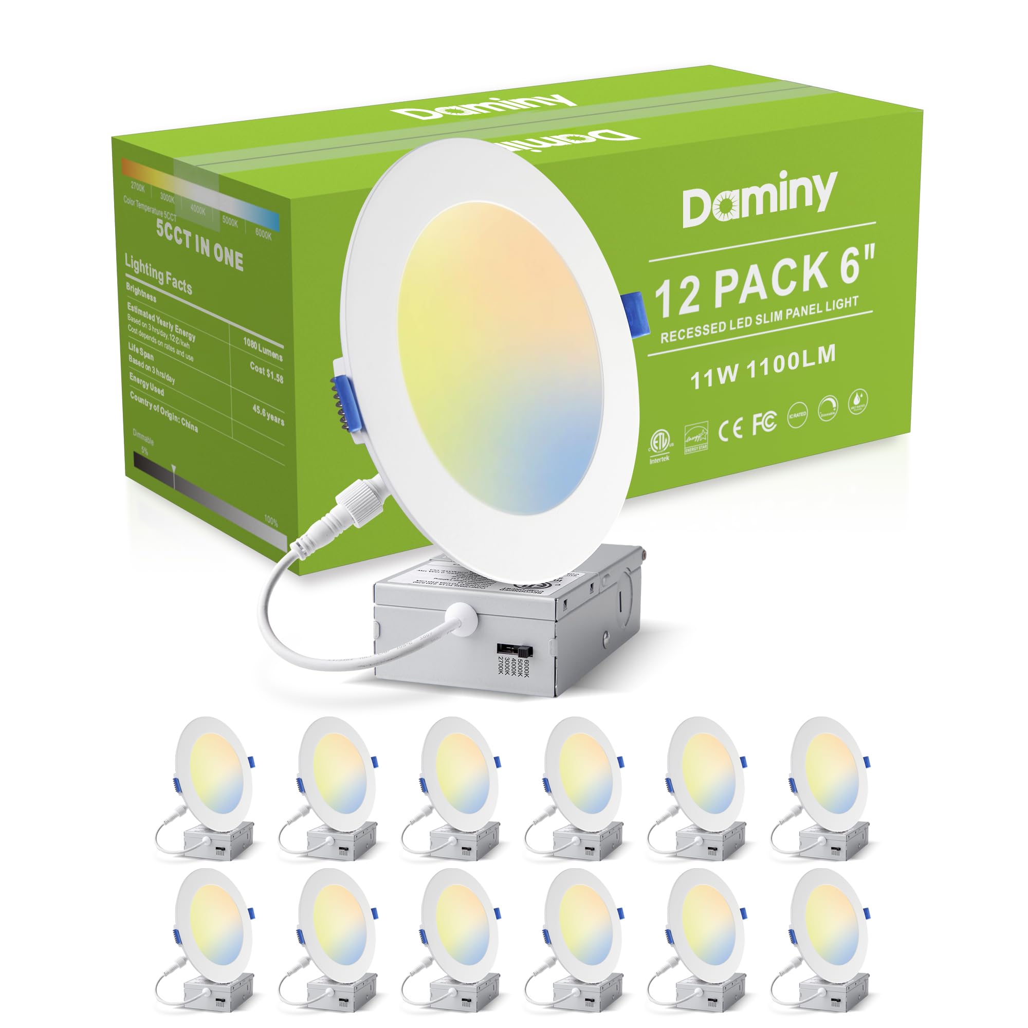 DAMINY 12 Pack 6 Inch LED Recessed Lighting with Junction Box,5CCT,Ultra-Thin Recessed Light,11W 1100lm, Dimmable Canless Wafer Ceiling Light, High Brightness - ETL