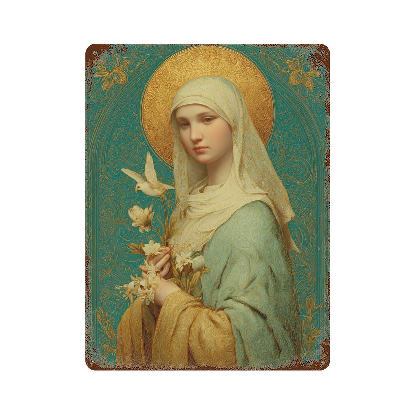 Saint Holding Flowers 15.7"x11.8" Vintage Rust Metal Sign, Classic Wall Plaque for Pub, Kitchen And Man Cave Decor