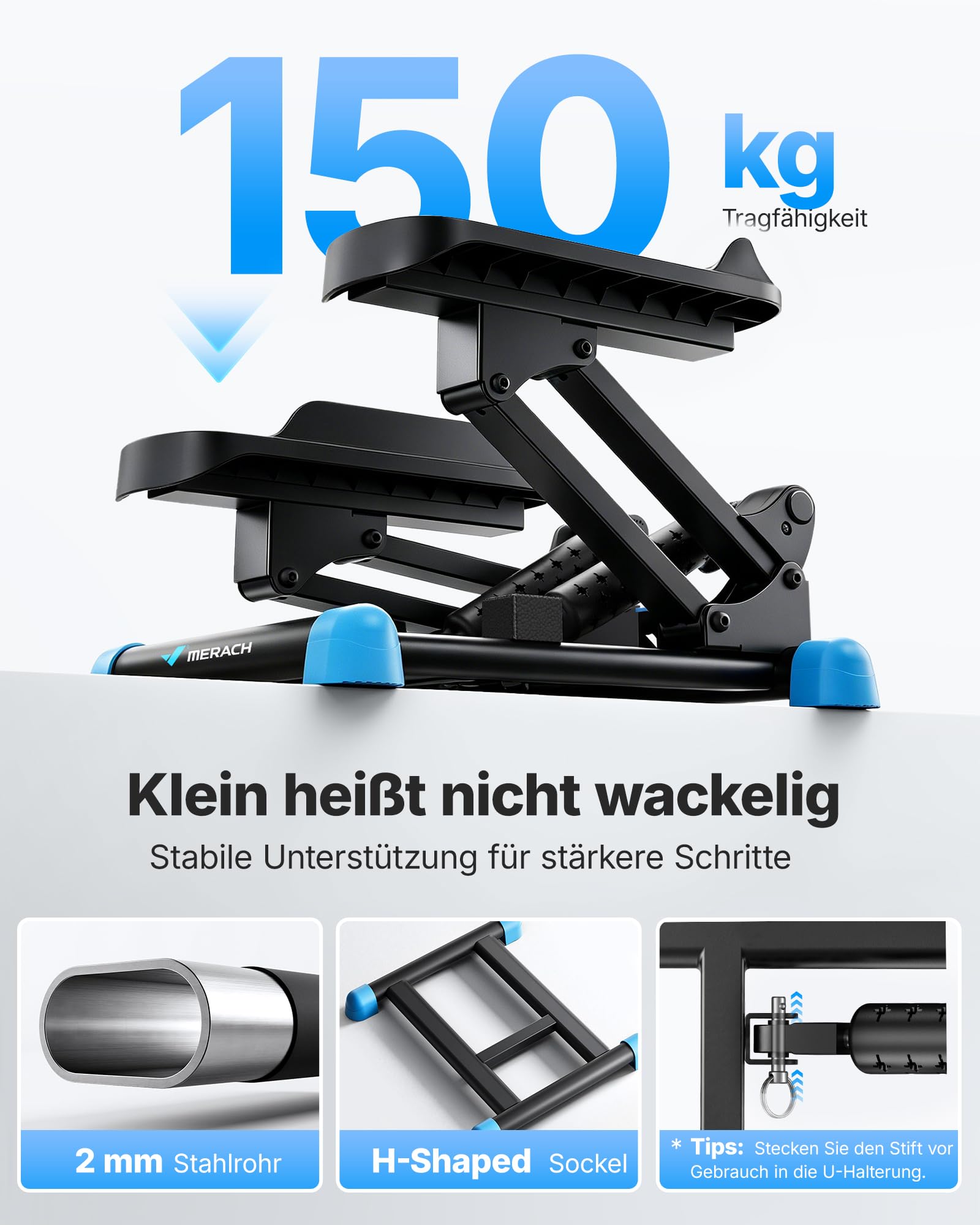 MERACH 3-in-1 Mini-Stepper für Zuhause Mit großer Schritt & Dämpfung | 6X Stärkeres Brennen Mit 12" Stufenhöhe & Power Ropes für Ganzkörper-Training, leiser Stair Stepper Mit LCD Display,MAX 150KG