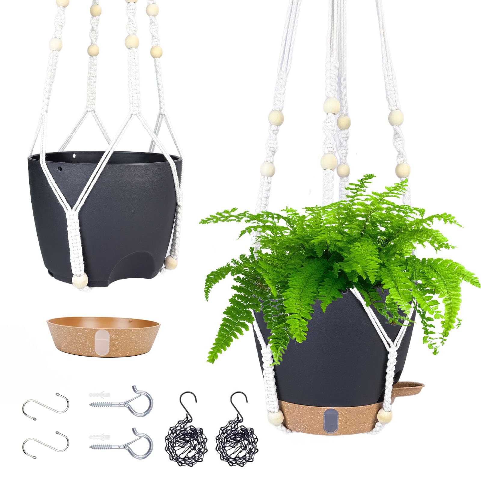 Fielda Hanging Planter Self Watering 8 Inch, 2 Pack Hanging Baskets for Plants, Hanging Flower Pots with Drainage Hole & 2 Kinds of Plant Hangers for Garden Home Decor (Black, 8 inch)