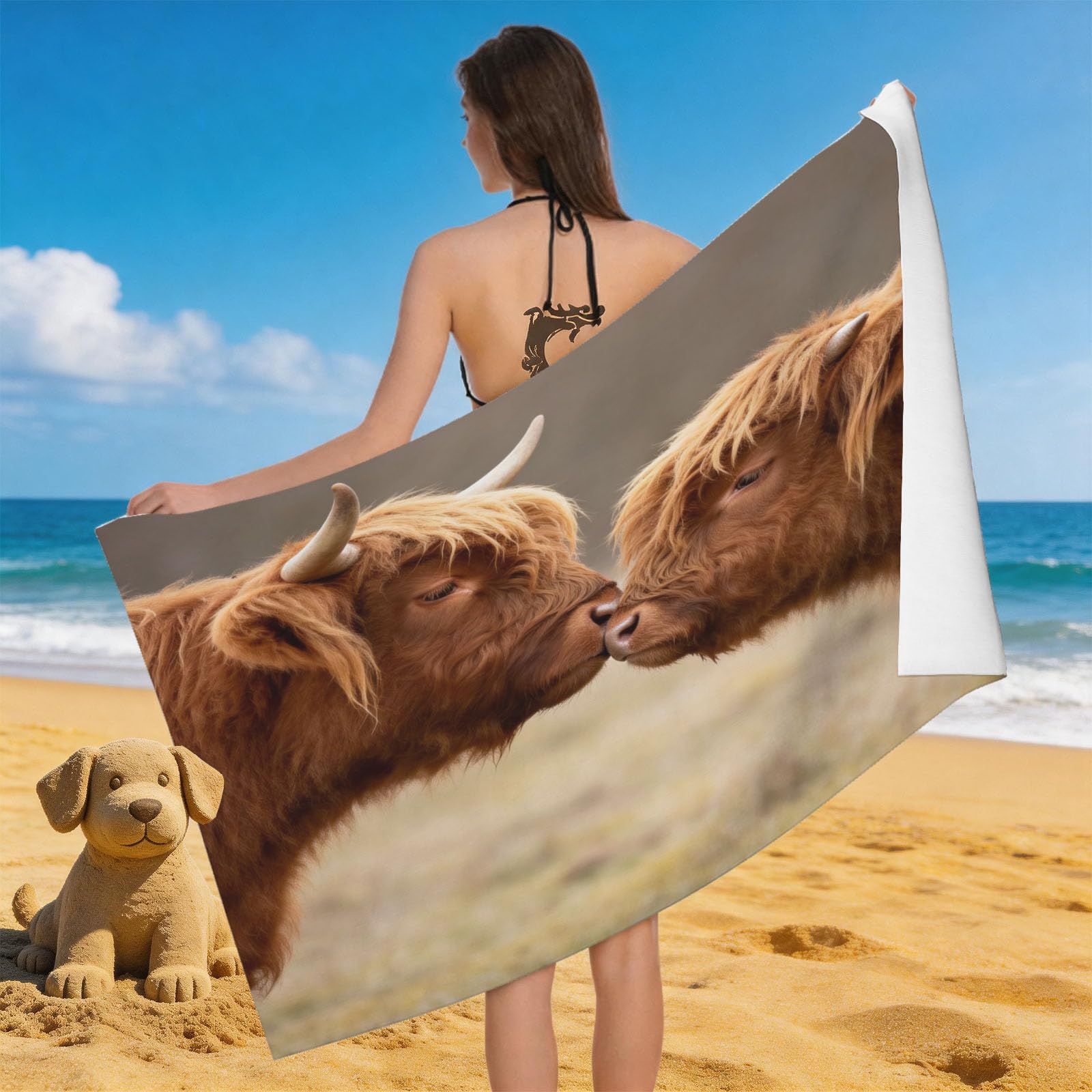 Leichong 3D Highland Cow Pattern Beach Towel Microfiber Soft Quick Dry for Adults, Lovely Bath Towel Lightweight Soft Absorbent for Travel Swimming Pool Sports, 75 x 150 cm