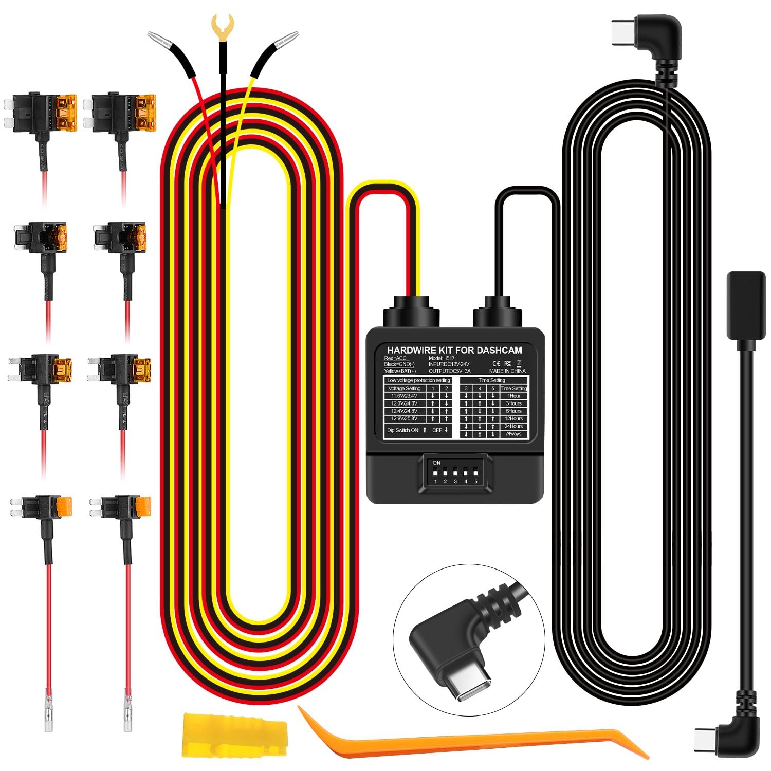 Kit de cableado de cámara para tablero con puerto USB-C, kit universal de cable Acc de 11.5 pies, 12 V, 24 V a 5 V-3 V, monitoreo