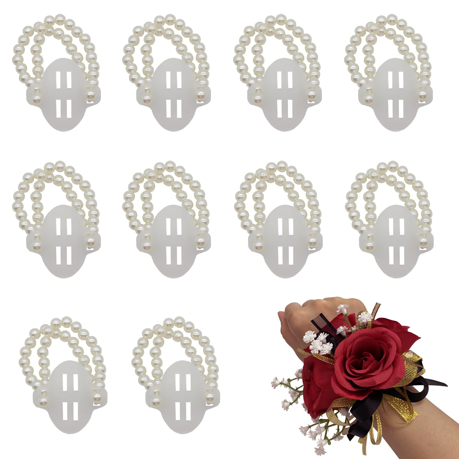 Corsage Wristlet, Set of 10 Elastic Pearl Wrist Corsage Bands DIY Flower Hand Corsages Bracelets Accessories for Wedding Festival Beach Party Prom (White)