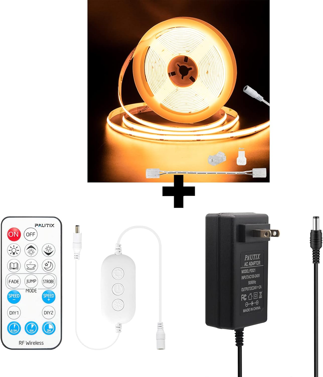 PAUTIX COB LED Strip Light 504LEDs/m, 20ft/6.1m DC24V Warm 2000K CRI90+ High Lumen Flexible LED Tape for Cabinet Home DIY Lighting Project,24V 2A Power Supply,RF Remote Dimmer