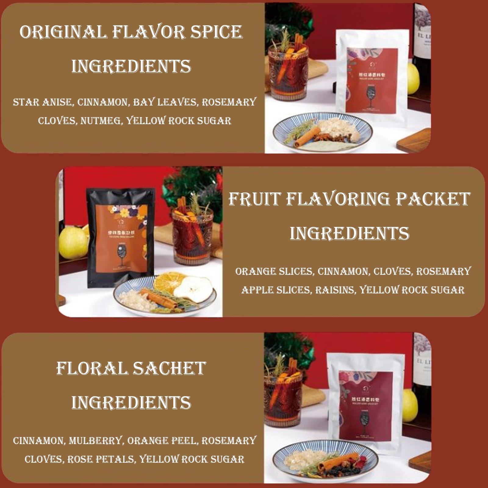 Kit de Especias para Vino Caliente con Canela, Naranjas Secas, Clavo y Anís Estrellado, para Sidra de Manzana, Vino Caliente, Glühwein y Bebida Navideña Hot Toddy. 5 Paquetes.
