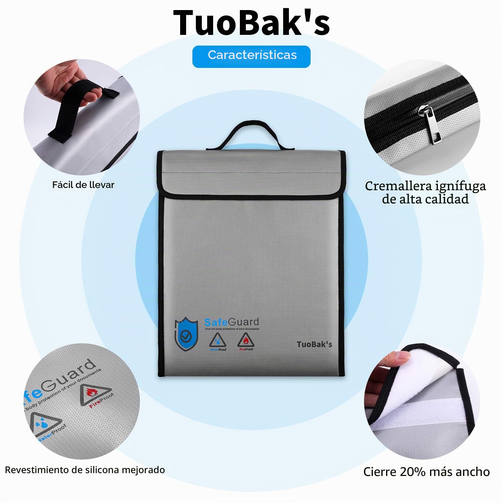 TuoBak's Bolsa ignífuga para documentos, gran capacidad, con revestimiento de silicona sólida, soporte ignífugo para documentos de 15.8 x 12.6 x 3.1 pulgadas con cierre de cremallera para documentos y