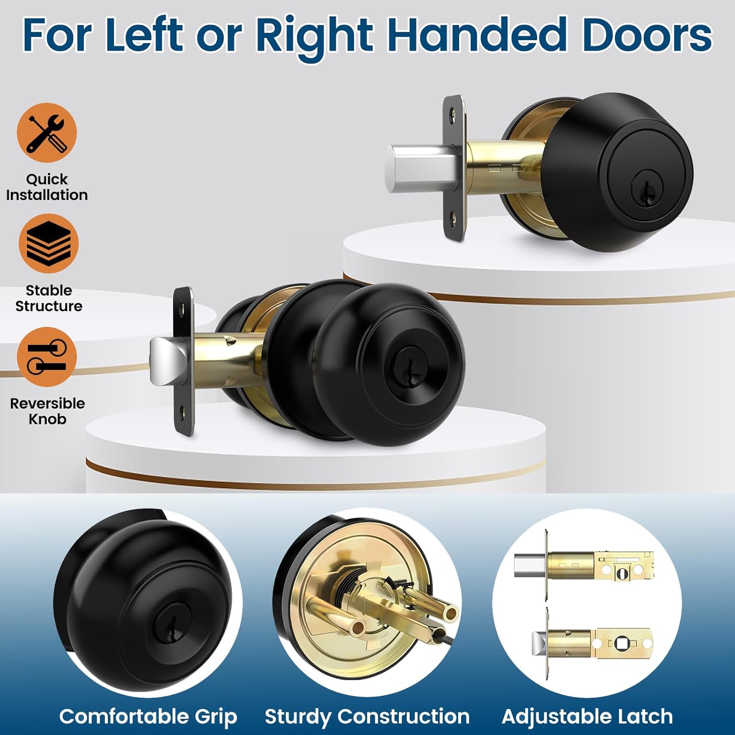 AEEKEL Exterior Door Knob with Lock and Key, 4 Pack Keyed Alike Entry Door Knob for Front Door Lock Set, Matte Black Bedroom Door Knobs with Lock and Single Cylinder Deadbolt Set