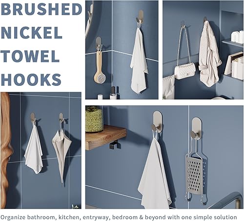 Miniatura 2 de Ganchos adhesivos para toallas de baño, paquete de 4 ganchos de pared adhesivos de acero inoxidable de níquel cepillado y aleación de zinc para