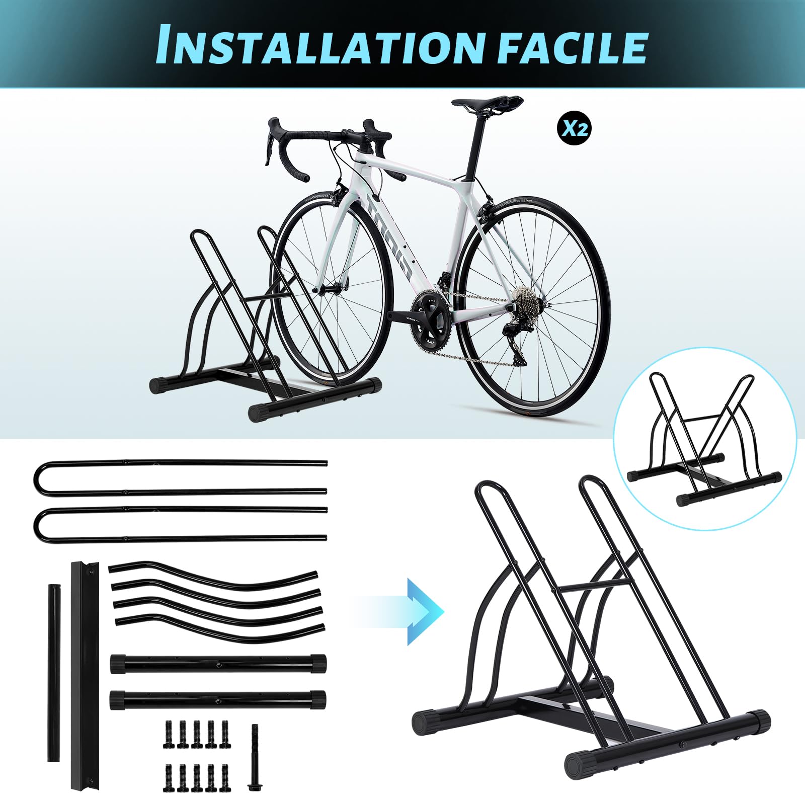 WOLTU Râtelier Vélo, Range Vélo pour 2 Bicyclettes, pour Pneu Max. 60mm, en Métal, pour Garage, Maison, Jardin, Noir