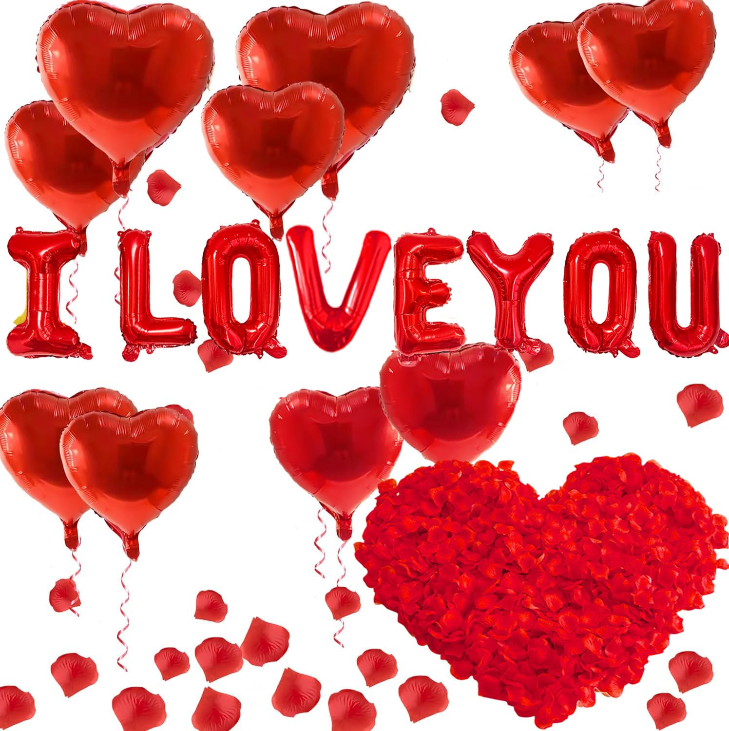 Photo 1 of I Love You Balloons and Heart Balloons with 500 Pieces Rose Petals, Foil Mylar Love Balloon for Him/Her Wedding Anniversary Engagement Valentine Day Romantic Decorations Special Night Party Supplies