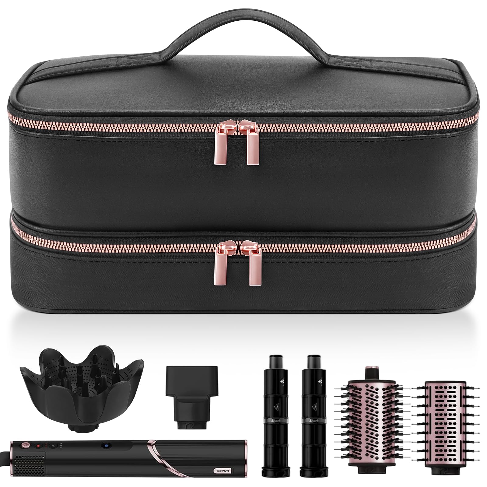 Travel Carrying Case for Hair Dryer Shark Flexstyle Dyson Airwrap Brush Double-Layer Hair Accessories Tools Storage Bag for Revlon Hairdryer Styler Organizer, Black Rose Gold, 13.4 x 5.7 x 6.4 inches-image-37