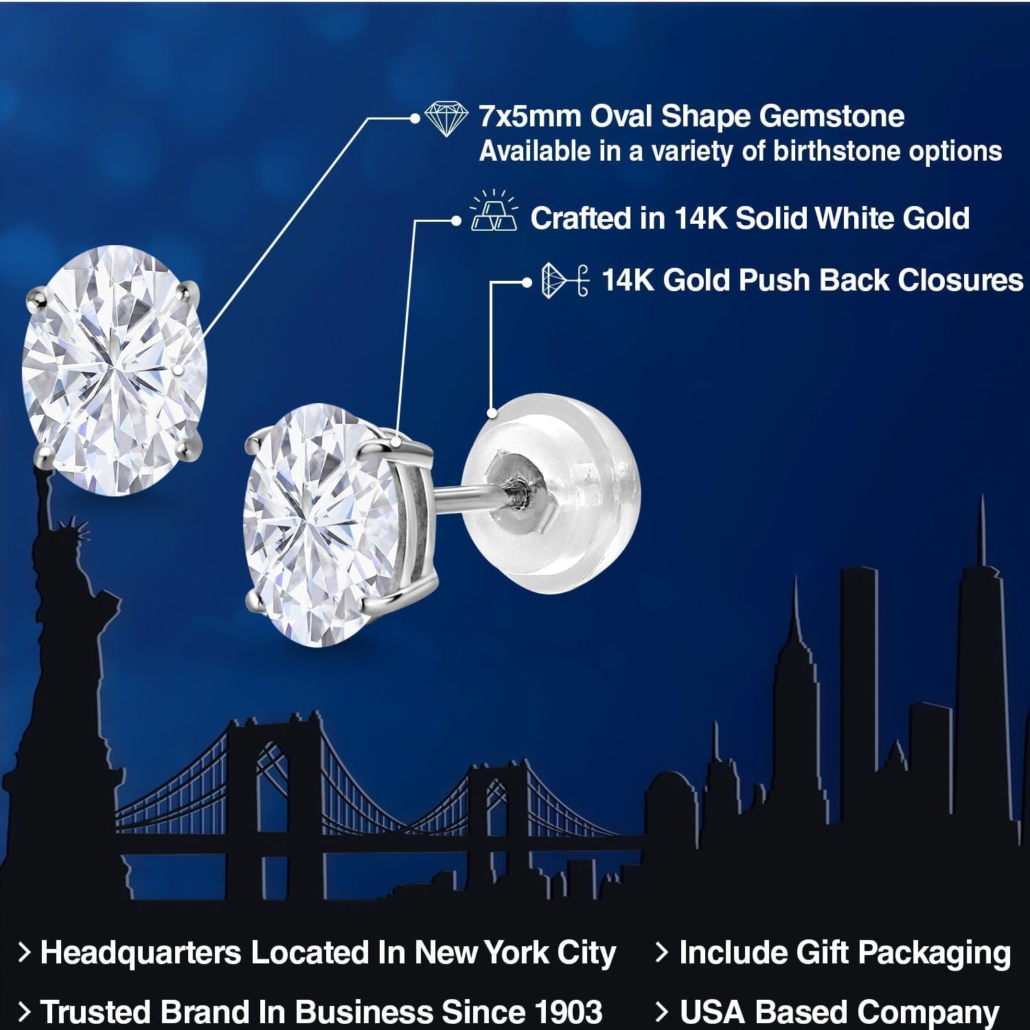 Gem Stone King 14K White Gold White Moissanite Stud Basket Setting Earrings For Women (1.80 Cttw, Gemstone Birthstone, Oval 7X5MM) - Image 2