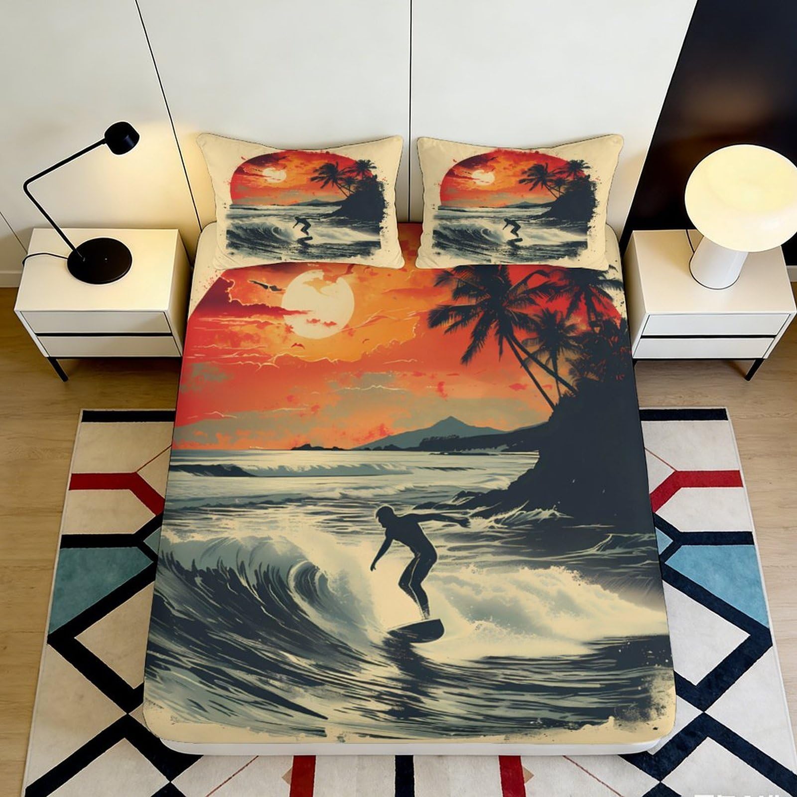 3D Printed Sunset Beach Fitted Sheet Microfiber Soft Surfer Ocean Mattress Cover for Bedroom Dorm Home Decor 90x200x25cm