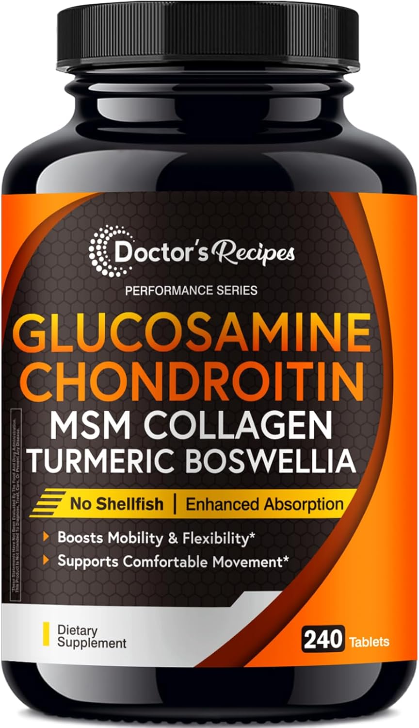 Doctor's Recipes Glucosamine Chondroitin MSM Turmeric Quercetin, Movement Support Supplement for Men & Women, with Black Pepper for High Absorption, Mobility & Flexibility, No Shellfish, 240 Tablets