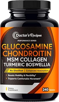 Doctors Recipes Glucosamine Chondroitin MSM Turmeric Quercetin, Movement Support Supplement for Men & Women, with Black Pepper for High Absorption, Mobility & Flexibility, No Shellfish, 240 Tablets