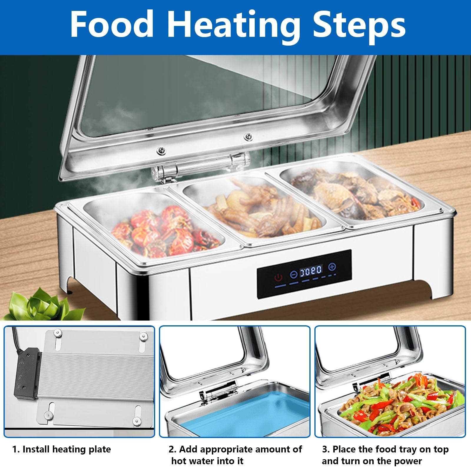 9L Chafing Dish Elettrico Acciaio Inox, Scaldavivande Elettrico Professionale con Regolazione Intelligente della Temperatura, Chafing Dish Buffet con Coperchio Visibile(B, 1/3 PAN)
