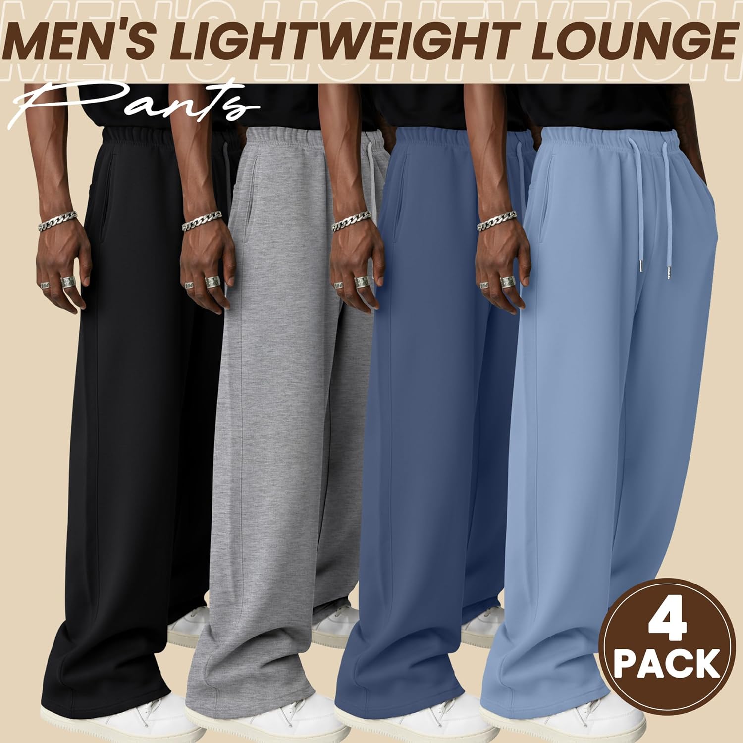 Neer 4 Pack Men's Lightweight Sweatpants Athletic Wide Leg Drawstring Open Bottom Pants Baggy Joggers Lounge with Pockets - Image 2